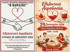 Εθελοντικές αιμοδοσίες σε Πλατύ και Μελίκη την Κυριακή