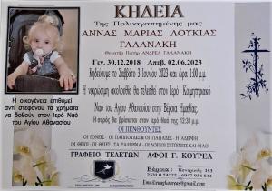 Απεβίωσε η 5χρονη Άννα, Μαρία, Λουκία Γαλανάκη