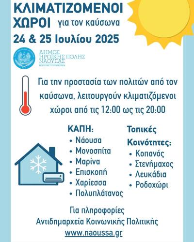 Διαθέσιμοι κλιματιζόμενοι χώροι στον Δήμο Νάουσας για την προστασία των πολιτών από τον καύσωνα