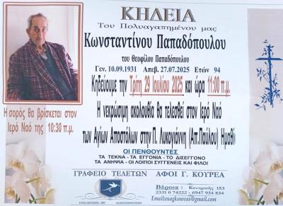 Απεβίωσε ο Κωνσταντίνος Παπαδόπουλος