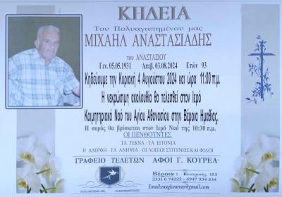 Απεβίωσε ο Μιχαήλ Αναστασιάδης