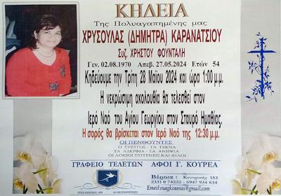 Απεβίωσε η 54χρονη Χρυσούλα (Δήμητρα) Καρανάτσιου
