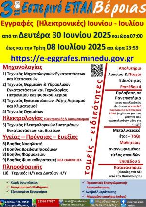 Ξεκίνησαν οι Εγγραφές (Ηλεκτρονικές) στο 3ο Εσπερινό ΕΠΑΛ Βέροιας